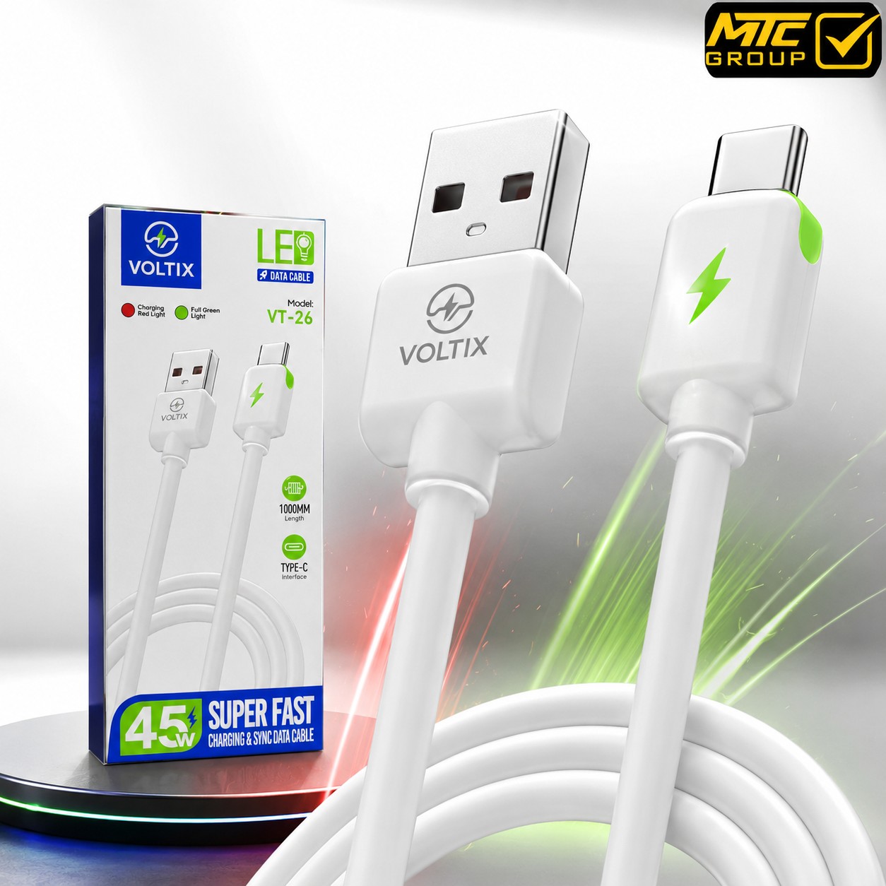 كابل فولتيكس ليد (تايب سي ، يو إس بي) 45 واط CL VOLTIX VT-26 TC