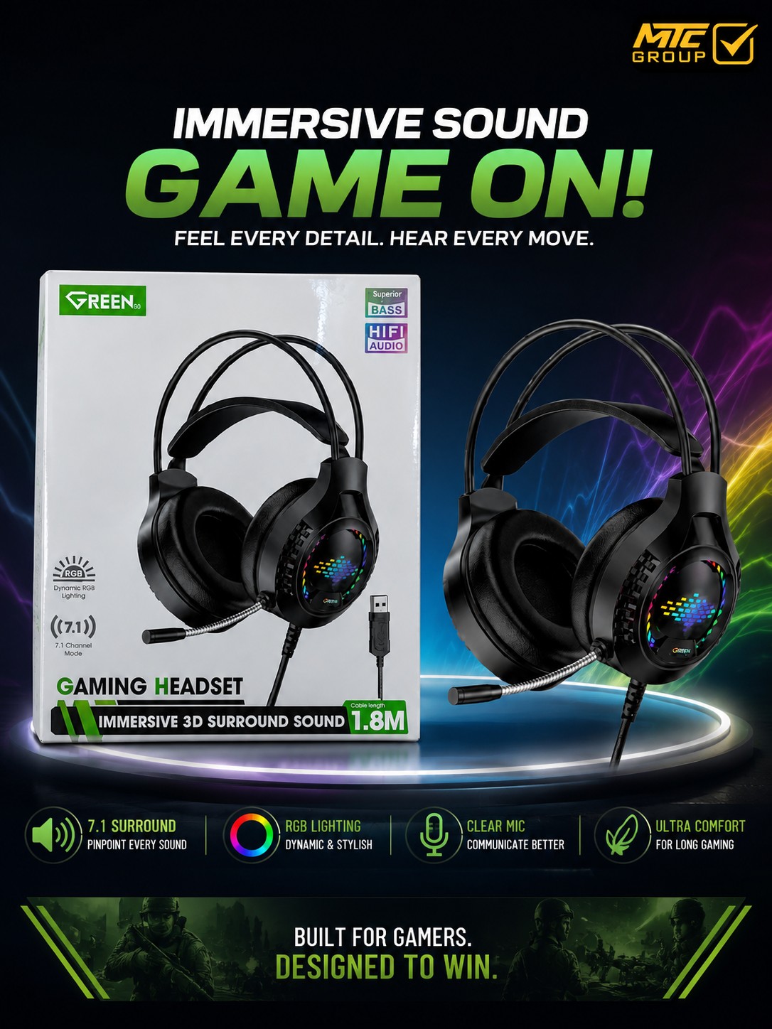 سماعة الالعاب السلكية من جرين GAMING HEADSET GREEN GE-H107