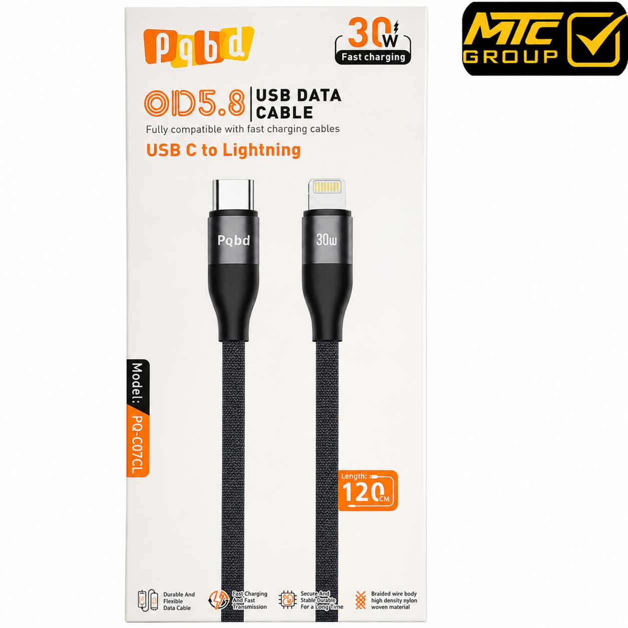 كابل بي كيو بي دي (تايب سي ، ايفون) 30 واط CL pqbd PQ-C07CL (TC-LIGHTNING) 30W