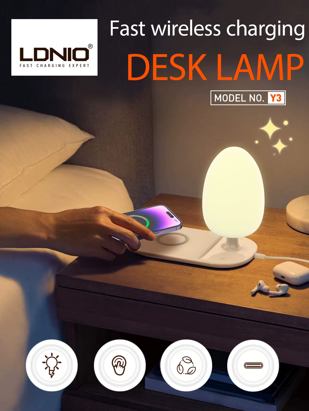 LDNIO DESK LAMP-FAST WIRELESS CHARGING Y3